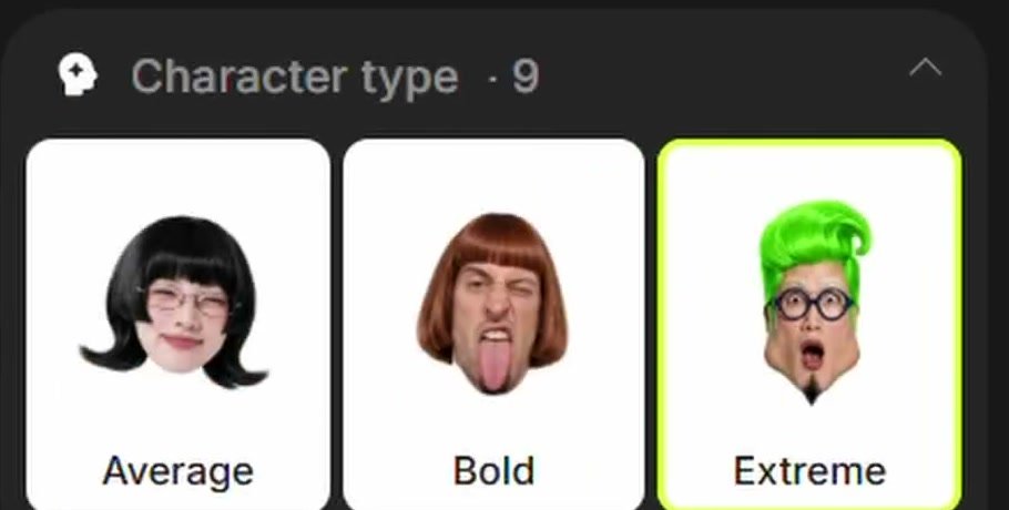 Average, Bold and Extreme character styles in Higgsfield's influencer builder