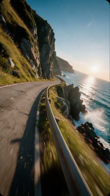 A winding coastal road in the FPV drone example from the reel
