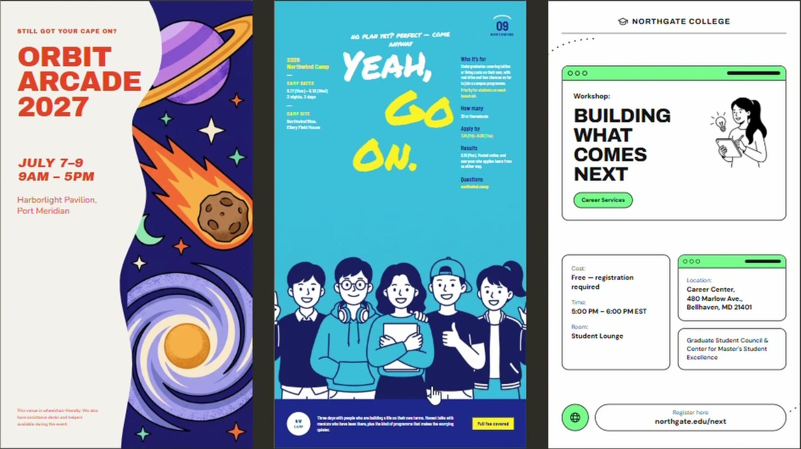 Three colorful poster artboards created in Claude Design, captured from Arshman’s reel