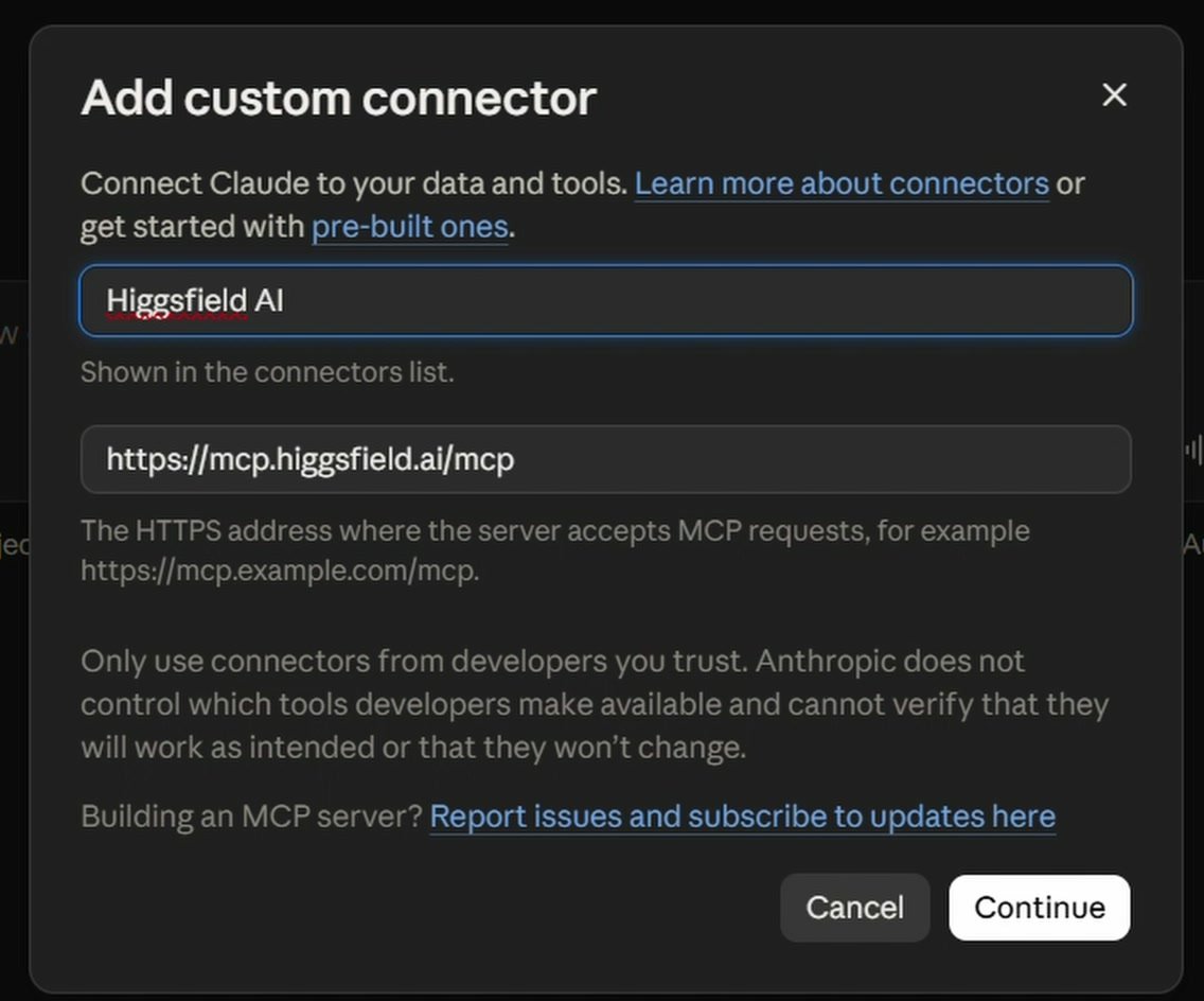 Higgsfield custom connector in Claude with the remote MCP server URL filled in