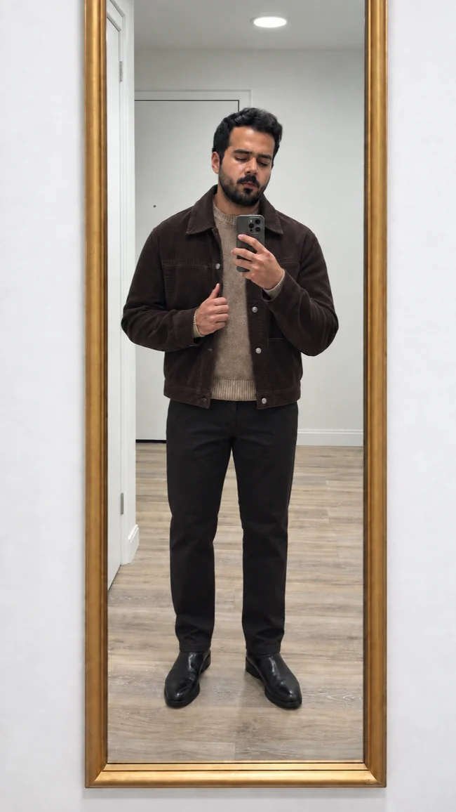 AI styling example of a chocolate jacket, tan knit, black trousers and black boots