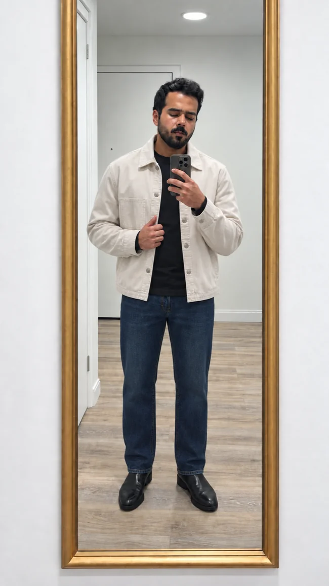 AI preview: cream jacket over dark top and blue jeans