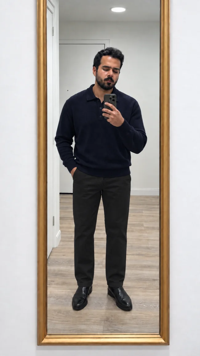 AI preview: navy knit polo with black trousers and boots