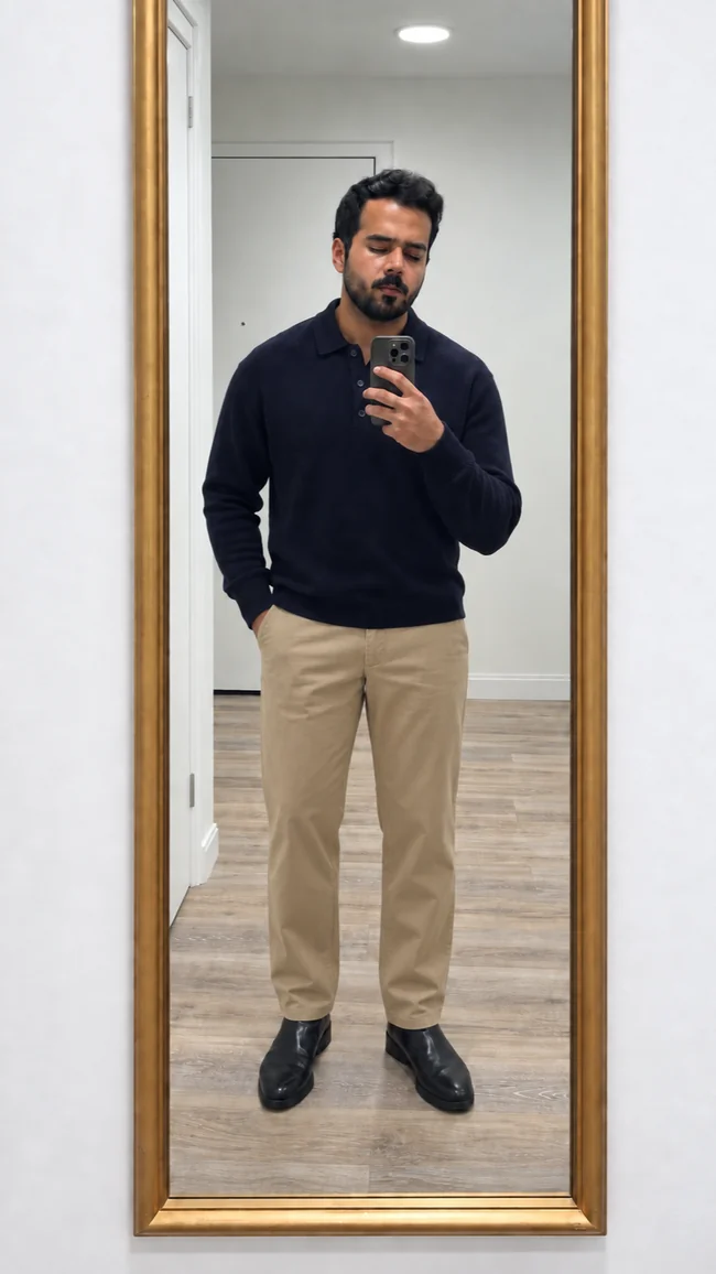 AI preview: navy knit polo and khaki trousers