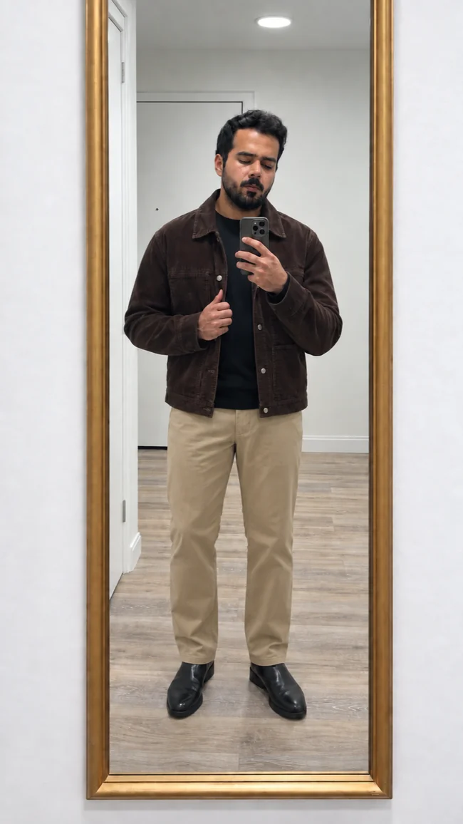 AI preview: brown corduroy jacket, dark sweatshirt and khaki trousers