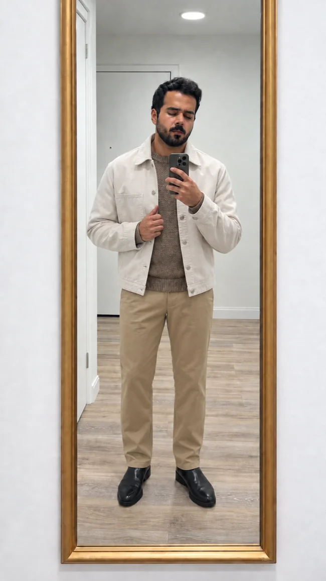 AI preview: cream jacket, taupe knit and khaki trousers