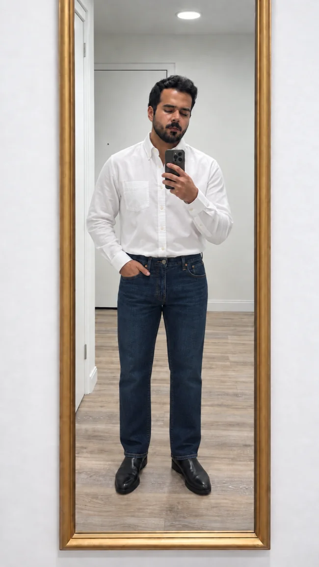 AI preview: white Oxford shirt with blue jeans