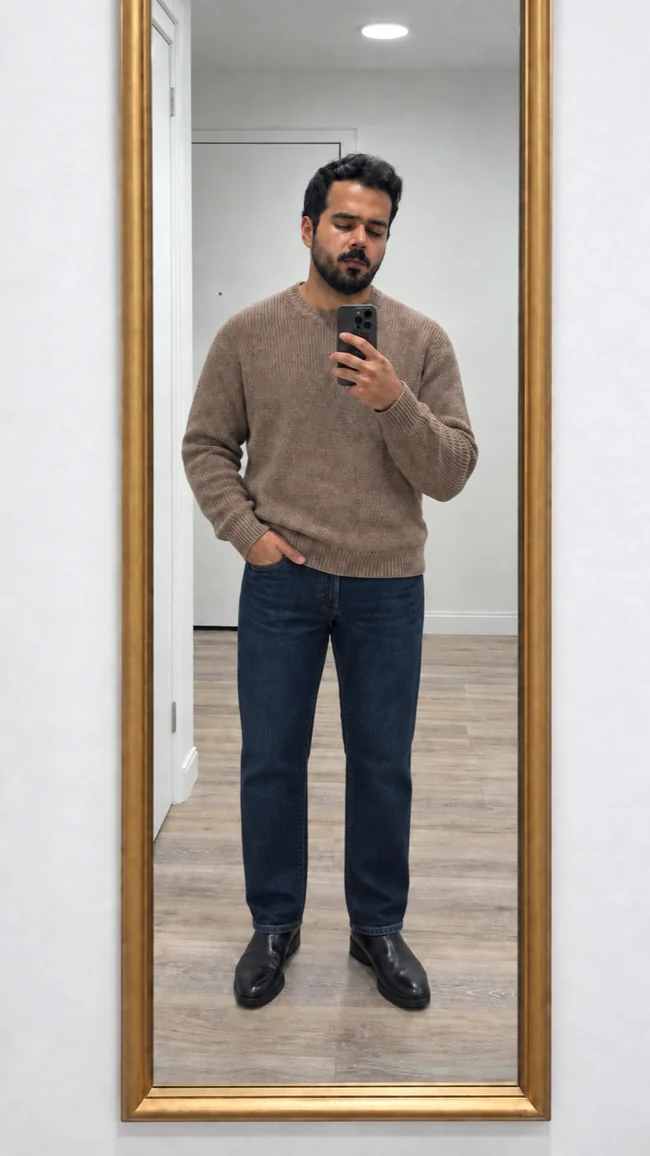 AI preview: tan textured sweater with blue jeans