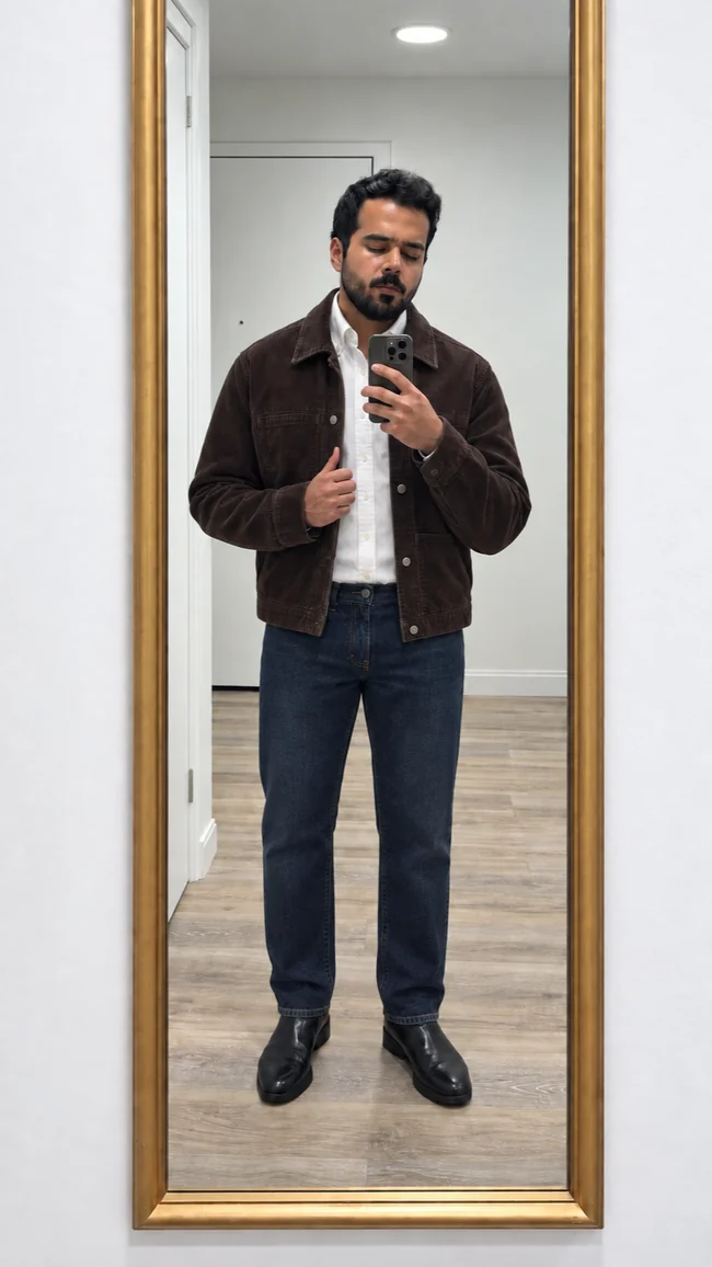 AI preview: brown jacket over white shirt with blue jeans