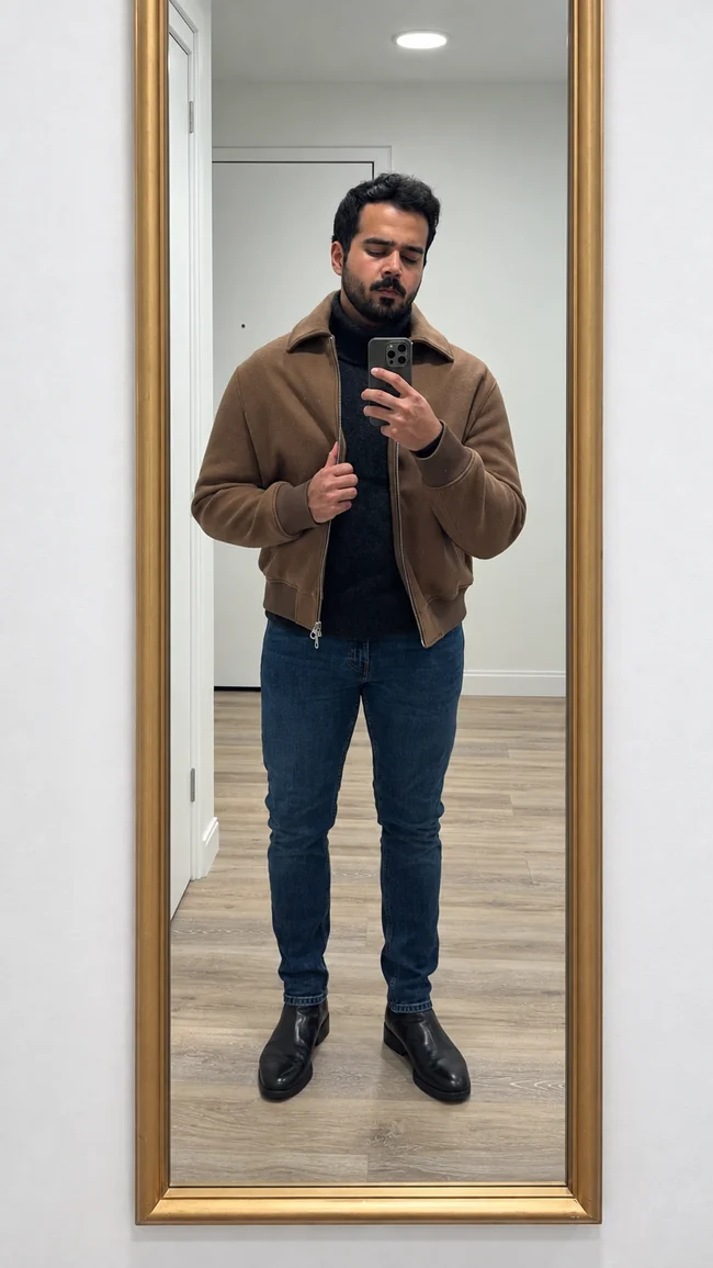 Arshman's supplied style reference: brown jacket, dark knit, jeans and black boots